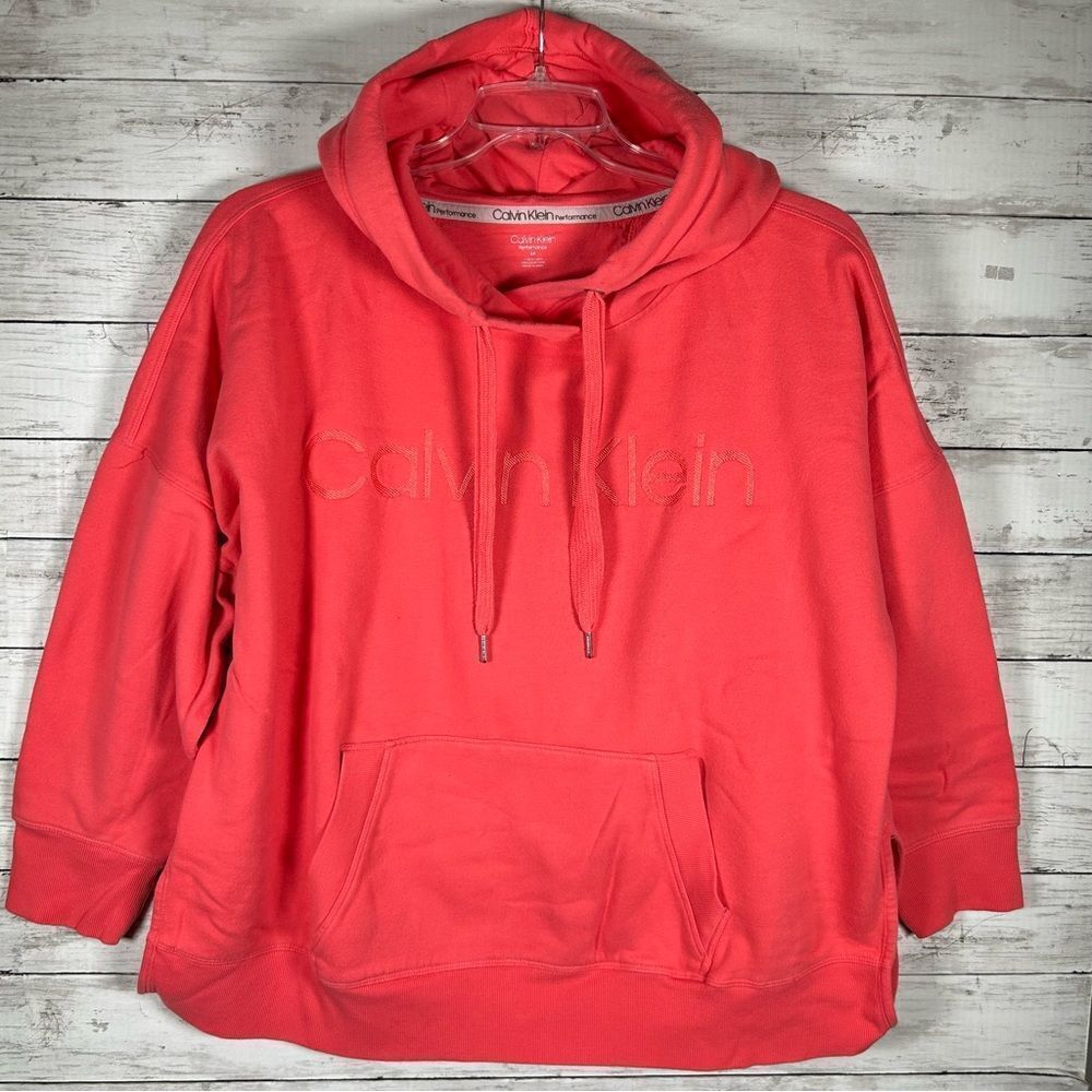 Calvin Klein Pullover Hoodie Sweatshirt Side Slits Embroidered Logo Coral Sz 2x